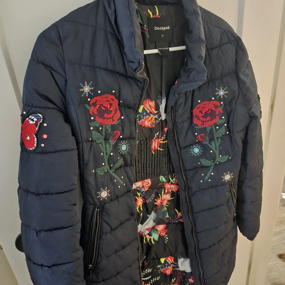 Desigual Navy Puffer Jacket with Red Rose Embroidery - Picture 2 of 11